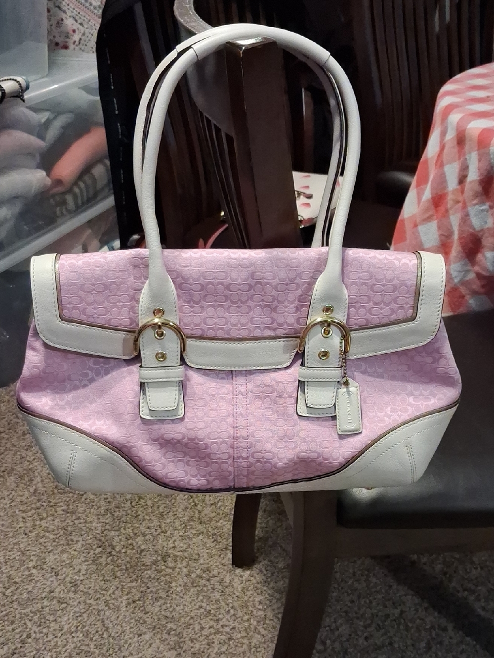 Coach Soho Pink Signature Satchel with White Trim and Gold Hardware